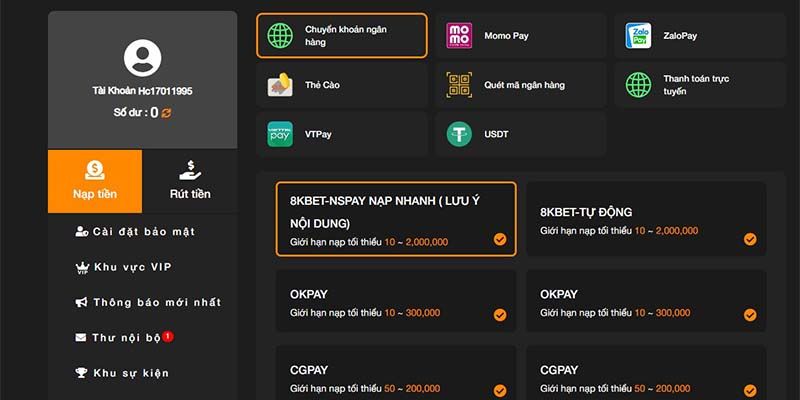 Lựa chọn hình thức nạp tiền 8kbet và nhập số vốn giao dịch